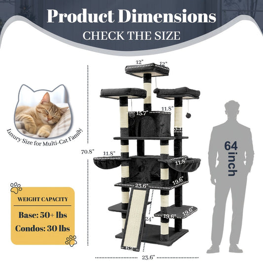 Large Multi-Level Cat Tower with Two Condos, Three Perches, Hammocks and Six Gray, Beige or Taupe Configurations