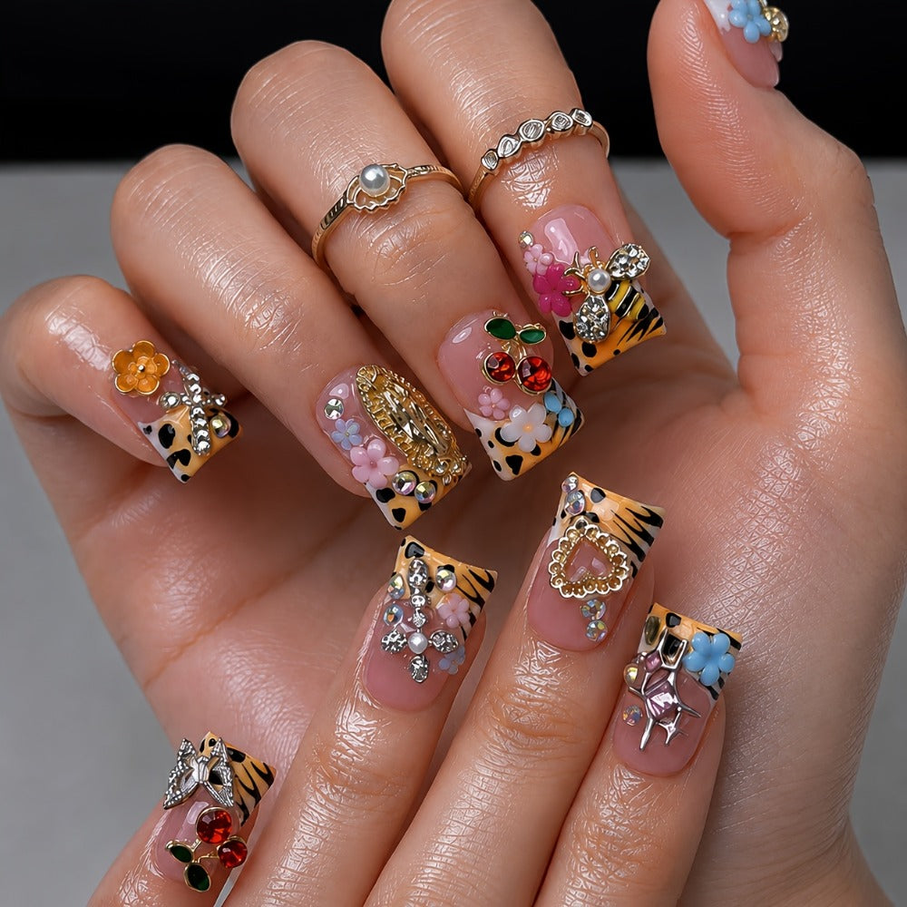 Press On Nails 10-Piece Short Duck-Tip Acrylic Set with Cherry, Bee, Flower, Cross and Star Designs