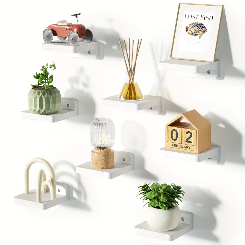 Eight-Piece 4-Inch Wall Shelf Set with Compact Square Ledges, Pure Black Finish and Mounting Hardware