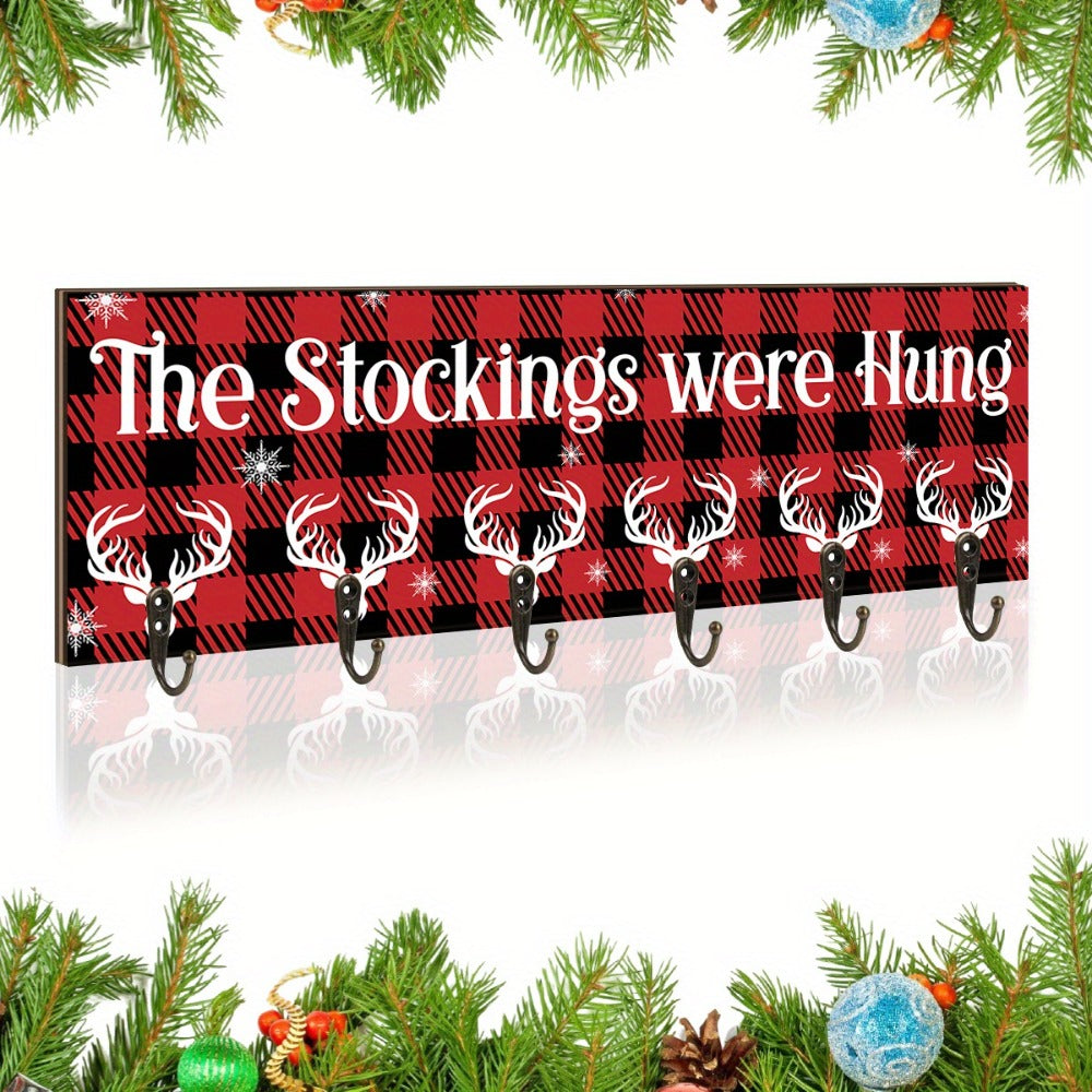 Christmas Stocking Wall Rack with Six Hooks, Red Plaid Sign and The Stockings Were Hung Text