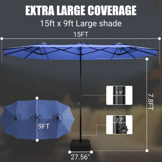 Patio Umbrella 15FT Double-Sided Large Outdoor Umbrella with Base – UPF 50+ UV Protection, Wind Resistant, Crank Open for Garden Pool Backyard