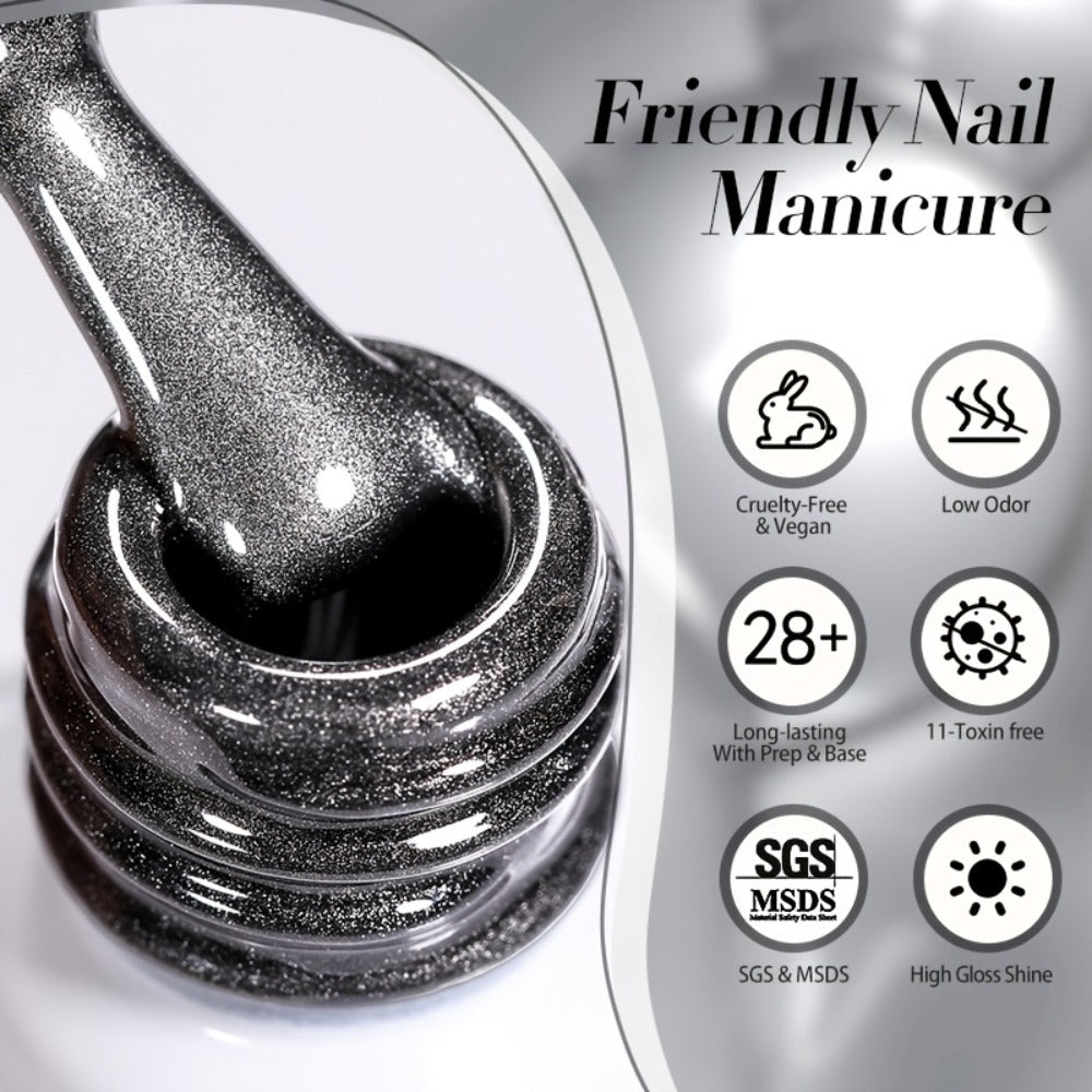 Gel Nail Polish in 10ml Black Magnetic Cat-Eye with Glass-Bead Shimmer, BGC01 or MY49 for Shimmer Art