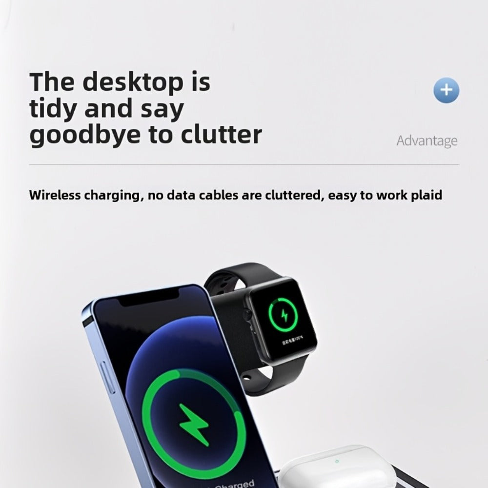 3-in-1 Wireless Charging Station with QC3.0 Adapter Included 15W Fast Charge – Upright Stand for iPhone 17/16/15/14/13/12/11, Apple Watch Ultra/Series 9/8/SE & AirPods | Black & White