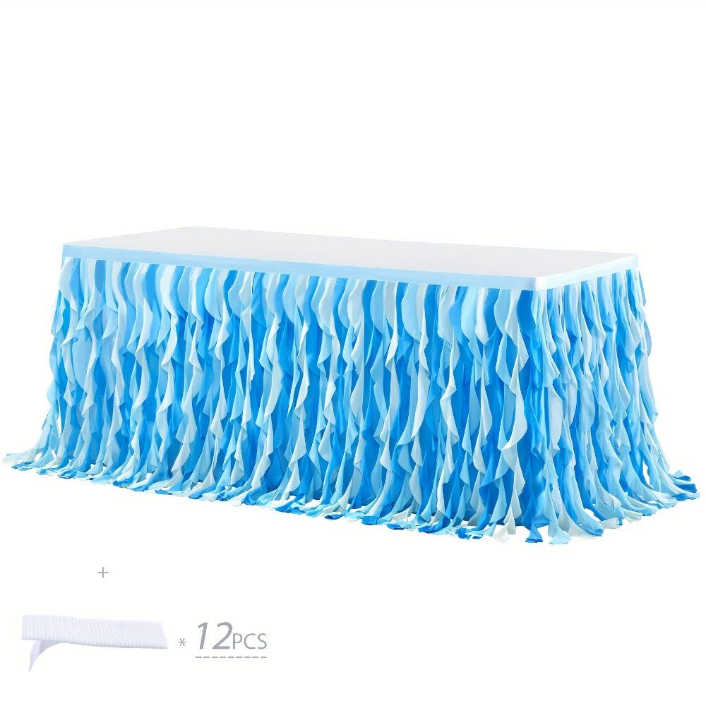 Six-Foot Curly-Willow Tulle Table Skirt with Twelve Color Options and Pictured Attachment Strips