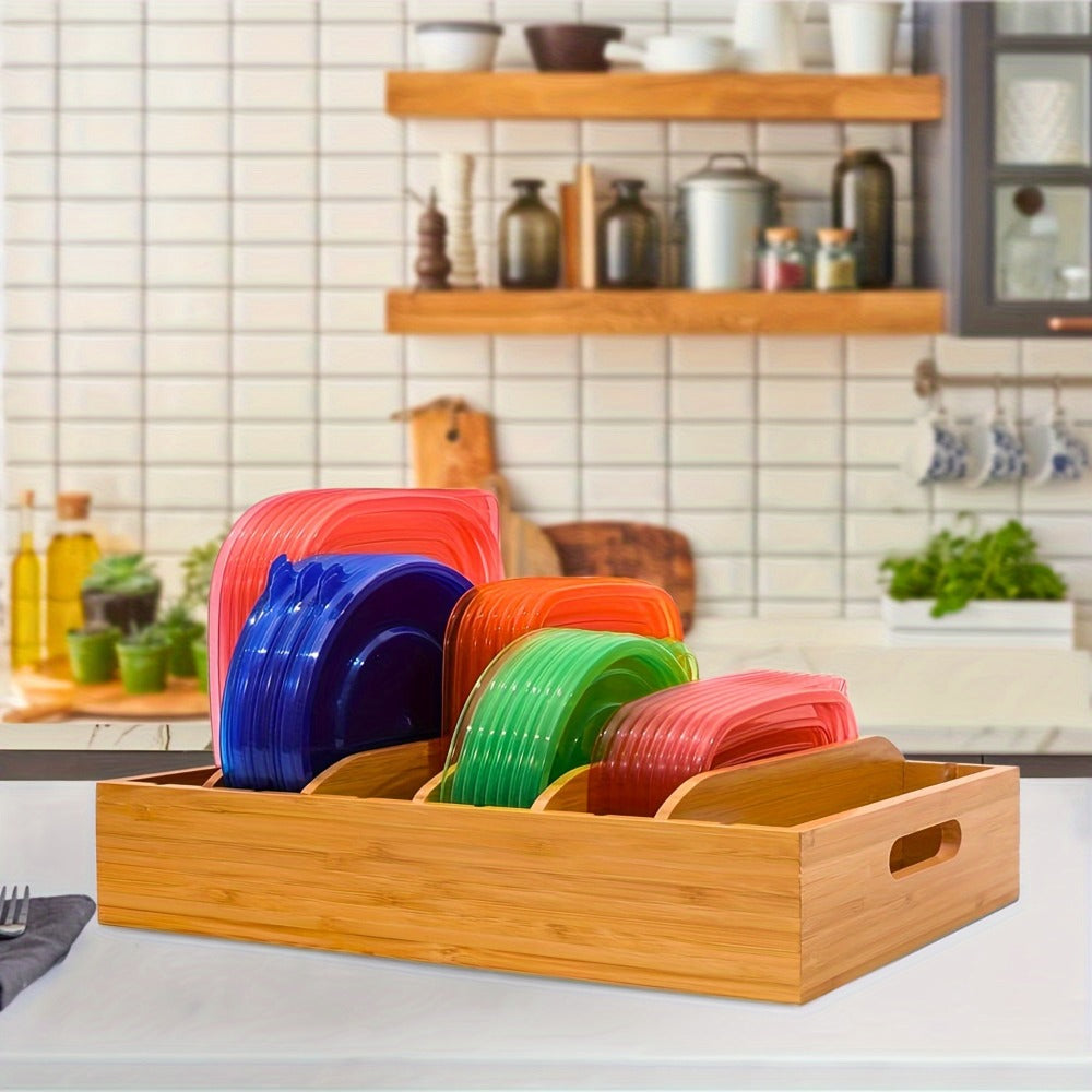 Bamboo Lid Organizer for Kitchen Cabinet with 5 Adjustable Dividers - Tupperware Lid Holder for Food Container Lids