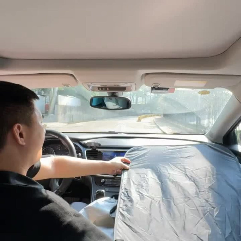 Windshield Sun Shade with Hook & Loop Closure - Foldable Front Window UV Ray Blocker, Dashboard Heat Protector, Universal Fit Car Interior Sun Visor for Cooler Cabin