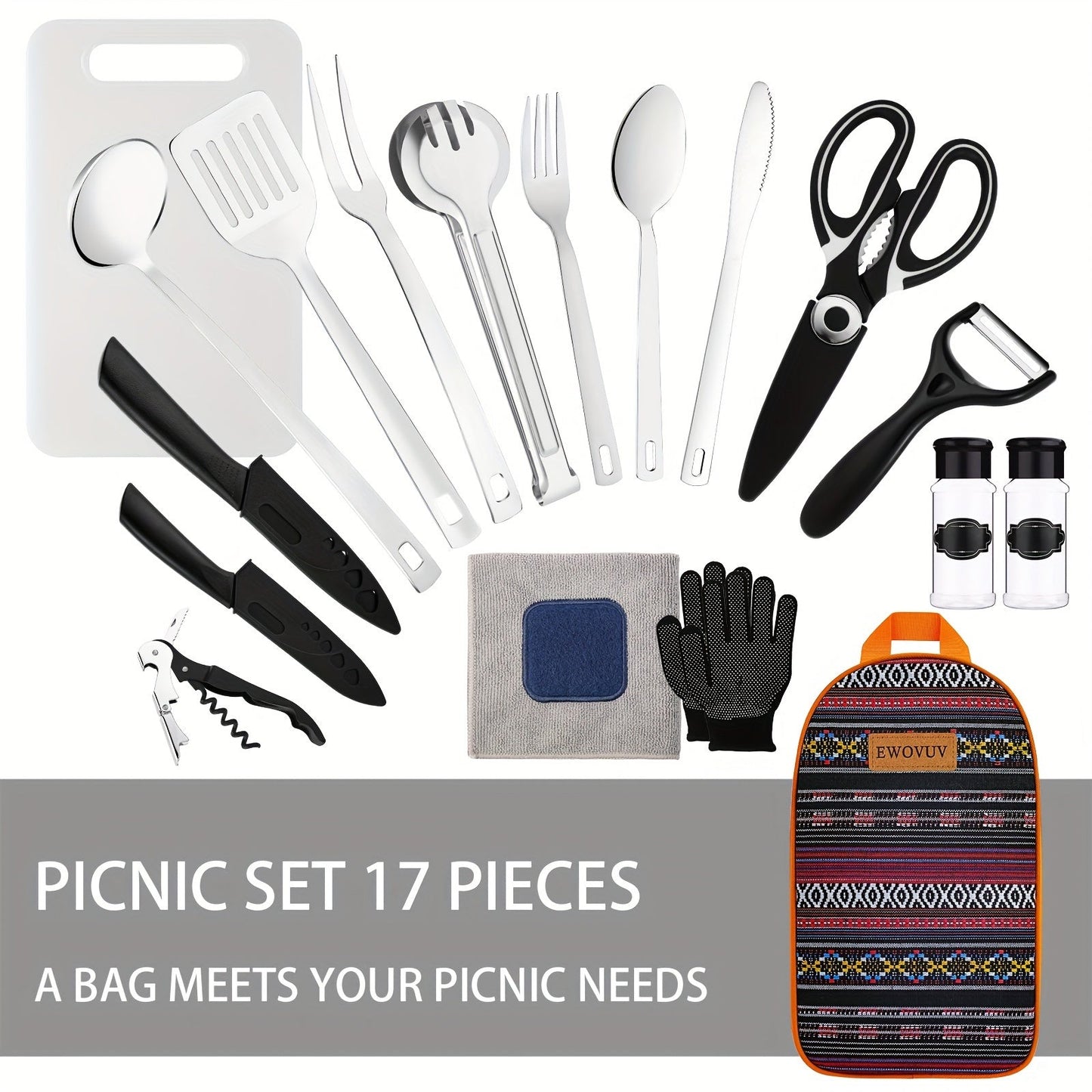 Camping Cookware Set, 17-Piece Bohemia Pattern Camp Kitchen Utensil Kit with Knives, Flatware and Organizer Case