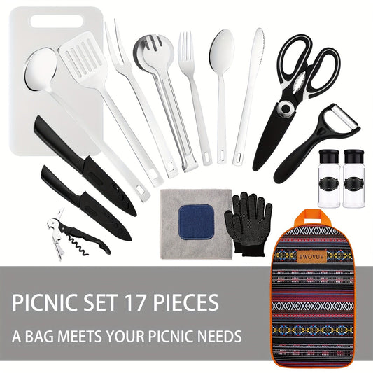 Camping Cookware Set, 17-Piece Bohemia Pattern Camp Kitchen Utensil Kit with Knives, Flatware and Organizer Case