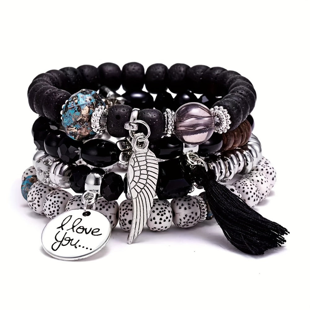 Bracelet Set, 24-Piece Assorted Wood-Bead Elastic Stack with Tassels and Pendant-Style Accents