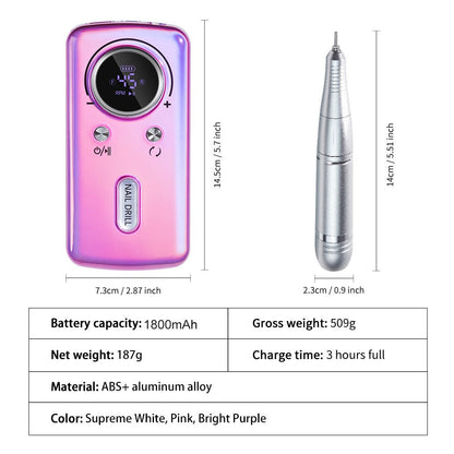 Cordless Nail Drill 45000 RPM Low Noise Rechargeable Electric Nail File Kit Portable Lightweight for Acrylic Gel Nails Manicure Pedicure Salon Home Use White Pink Purple