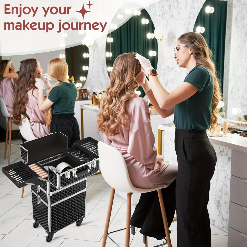 Rolling Makeup Train Case 3-in-1 Large Capacity Professional Cosmetic Trolley Swivel Wheels Lock Key Sponge Set Included Salon Barber Artist Travel Cart Trunk Black Pink