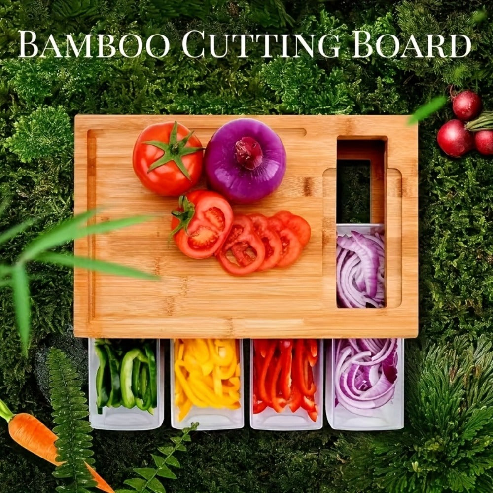 Cutting Board Bamboo Prep Station with Pull-Out Containers, Five Grater Inserts and Juice Channel