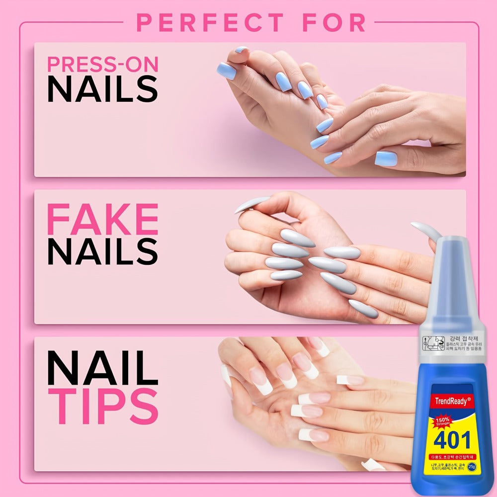 Nail Glue Set, TrendReady 401 25g Bottles in 1+1, 3+1, 5+1 or 7+1 Pack Options with Pointed Nozzles