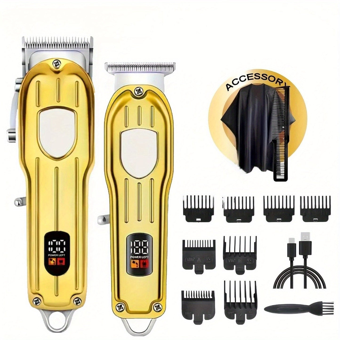 Hair Clipper Cordless Metal-Body Set with LCD Battery Display and Single or Two-Piece Color Options