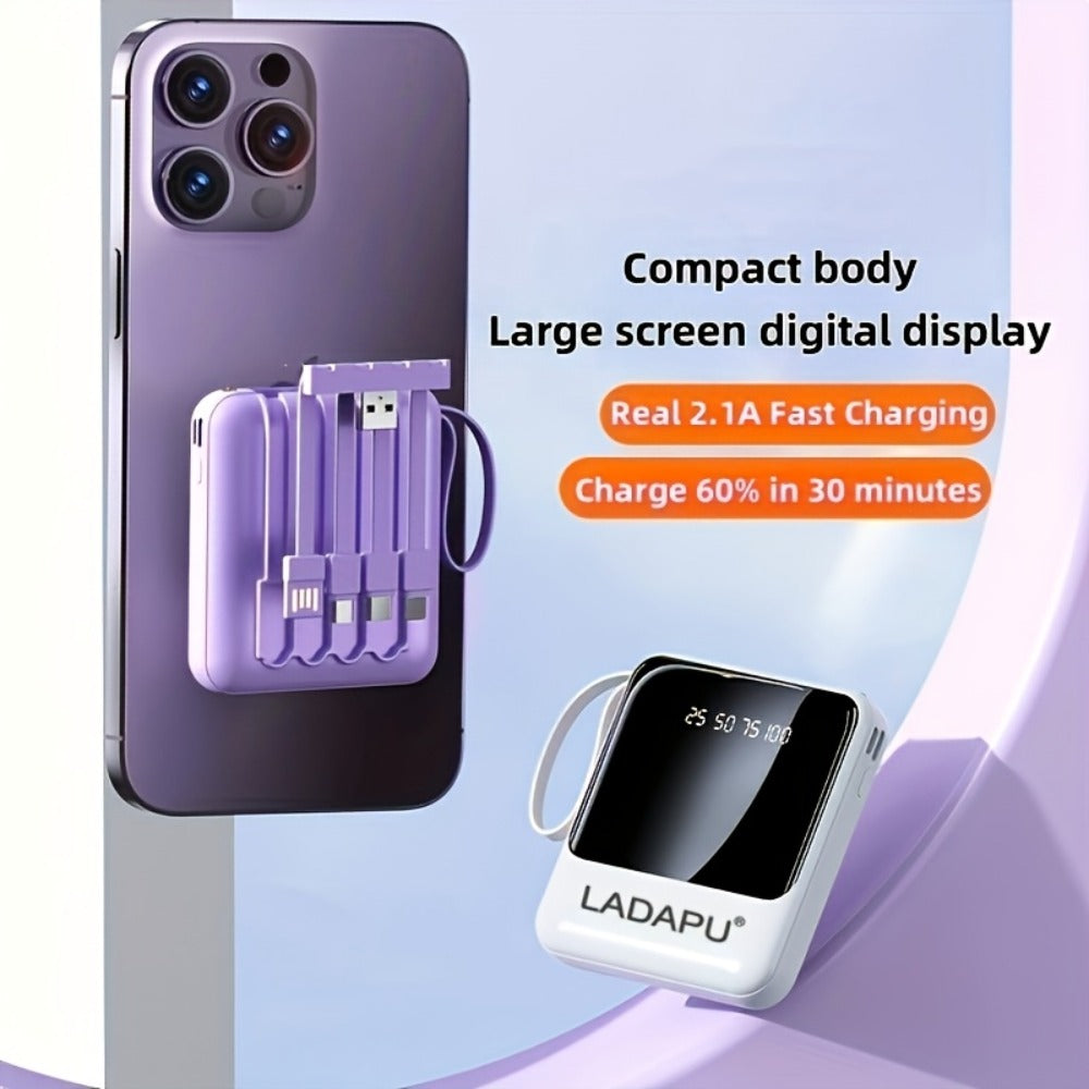 Power Bank 10000mAh with Built-In Cable Set, 5W/15W/22.5W Variants, Display and Lanyard for Travel