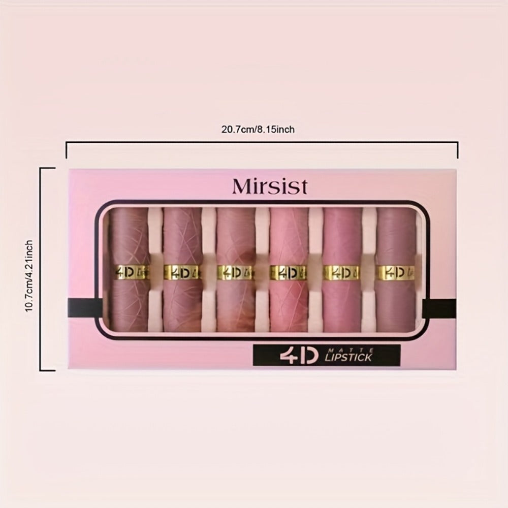Lip Gloss Set by Mirsist with 6 Matte Lip Colors, Coordinated Nude and Red Tones and Display Case