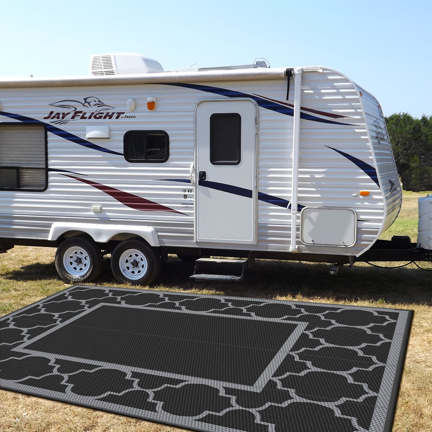 Reversible Outdoor Rug in Multiple Geometric, Border and Leaf Patterns with Displayed Sizes from 5 x 8 to 9 x 12 Feet