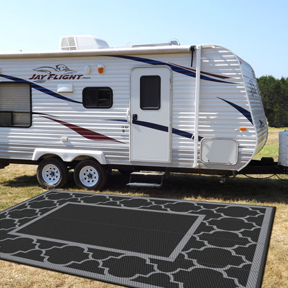 Reversible Outdoor Rug in Multiple Geometric, Border and Leaf Patterns with Displayed Sizes from 5 x 8 to 9 x 12 Feet