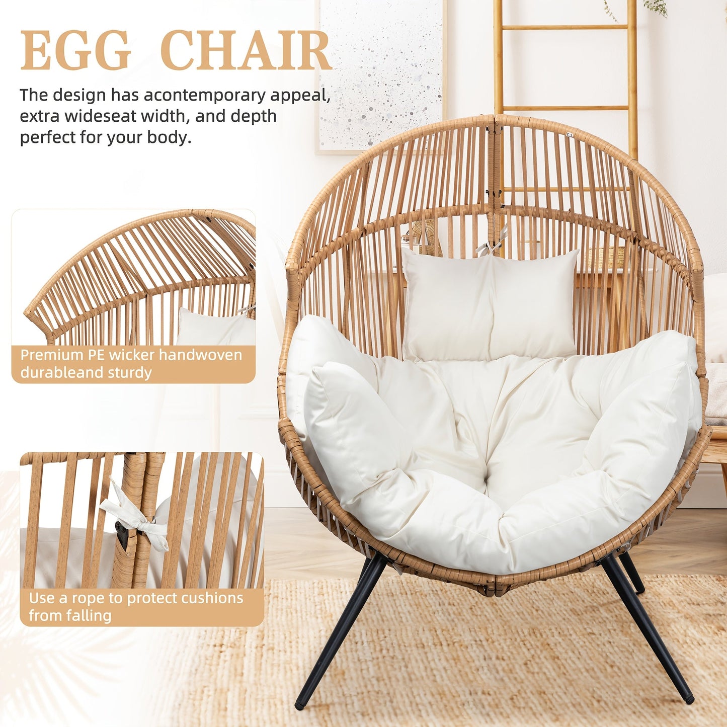 Egg Chair Outdoor Wicker PE Rattan Oversized Patio Lounge Chair with Cushion Rocking Egg Chair for Backyard Balcony Garden Beige Black Black/Rattan