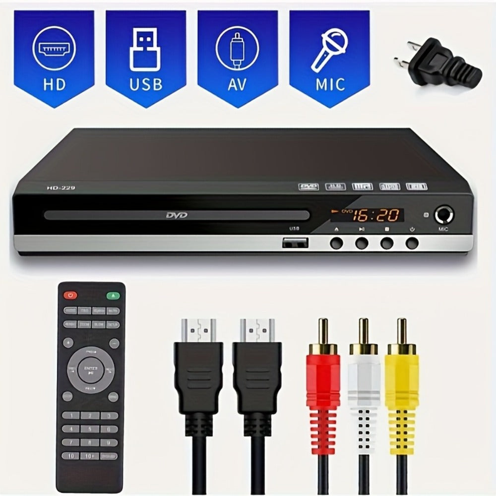Black Karaoke DVD Player with Dual Microphone Inputs, USB Port, AV and HD Outputs, Remote Control and RCA Cable