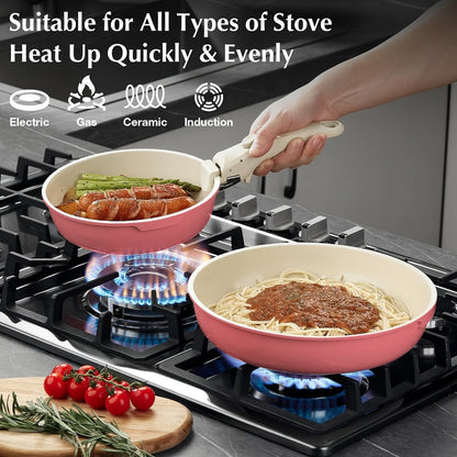 Nonstick Cookware Set 5-Piece Detachable Handle Aluminum Pots and Pans – Space-Saving Stackable Induction Compatible | 8 & 10 Inch Frying Pan Soup Pot Universal Lid | White Pink Beige Coral Pink