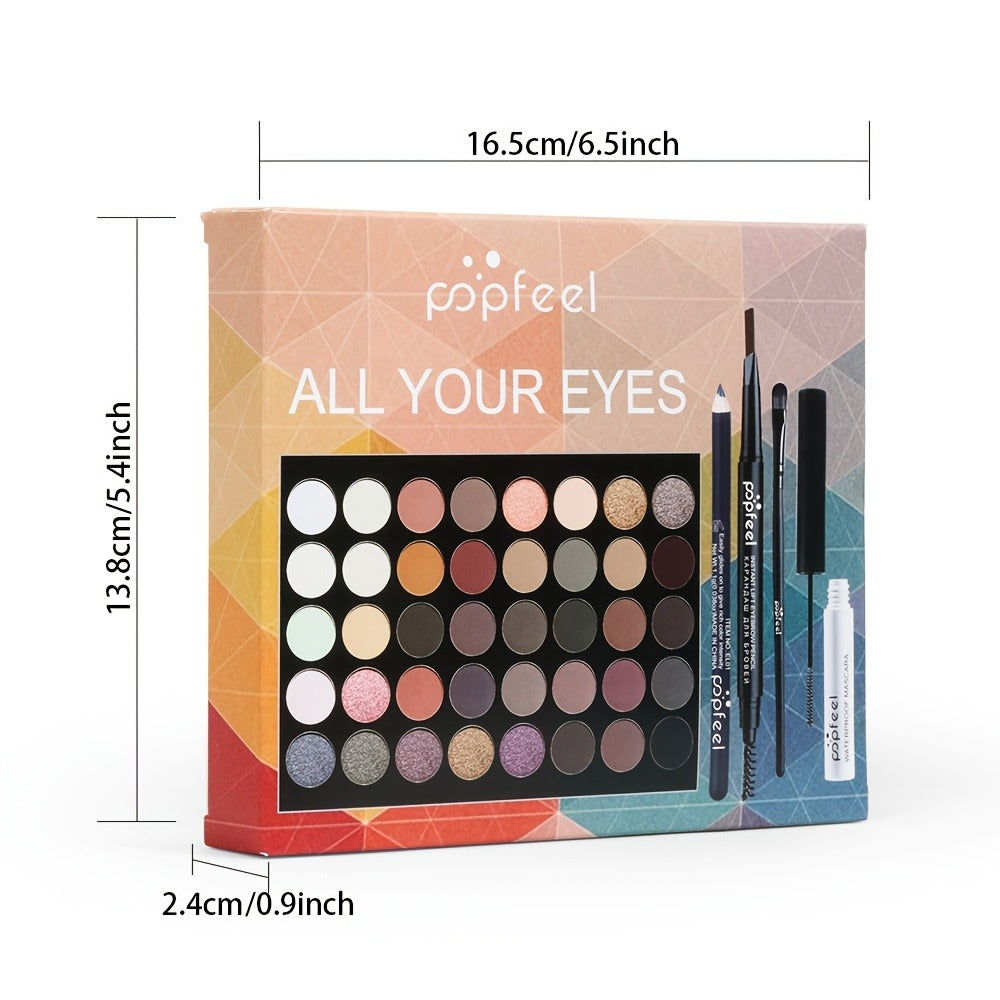 Complete Eye Makeup Kit 40 Color Eyeshadow Palette with Mascara Eyeliner Eyebrow Pencil & Brush — Matte Shimmer Glitter Pigmented