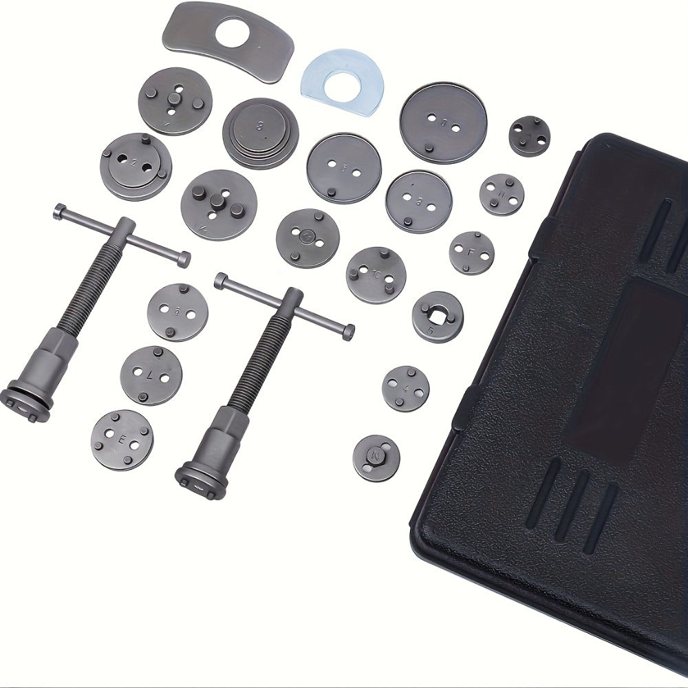 Brake Caliper Wind Back Tool Kit 26-Piece – Brake Caliper Compression Tool Set with 18 Disc Adapters, Thrust Bolt Assemblies, Retaining Plates & Caliper Hangers | Carbon Steel, Blue Case
