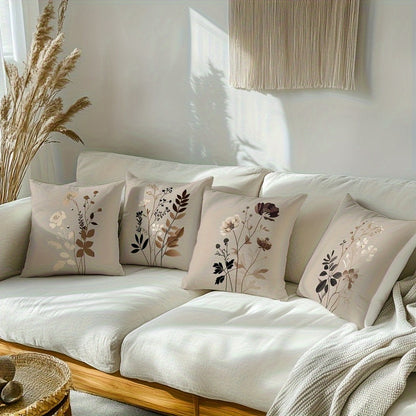 Neutral Botanical Throw Pillow Covers, Four-Piece 18 x 18-Inch Set with Beige, Brown and Gray Floral Prints