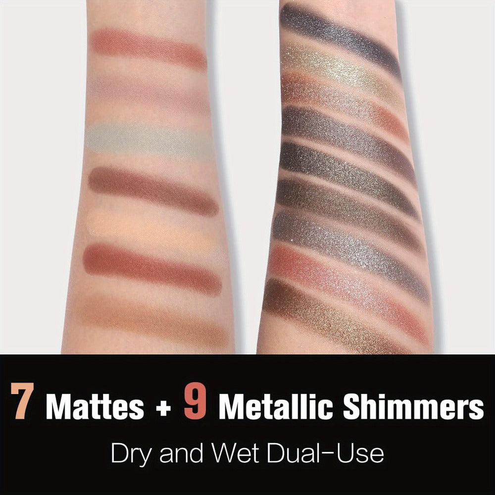 Eyeshadow Palette UCANBE 16-Shade Black Case with Matte-Shimmer-Metallic Mix and 15-Brush Set