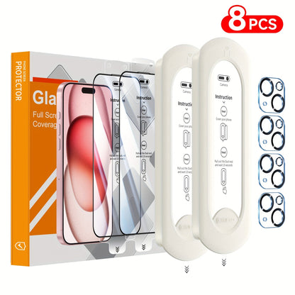 Screen Protector, 8-Piece iPhone Tempered Glass Set with Four Screen Films, Four Camera Lens Covers and Alignment Tools