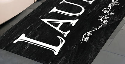 Black and White Laundry Room Mat with Bold LAUNDRY Text in 45 x 120 cm and 45 x 150 cm Size Options