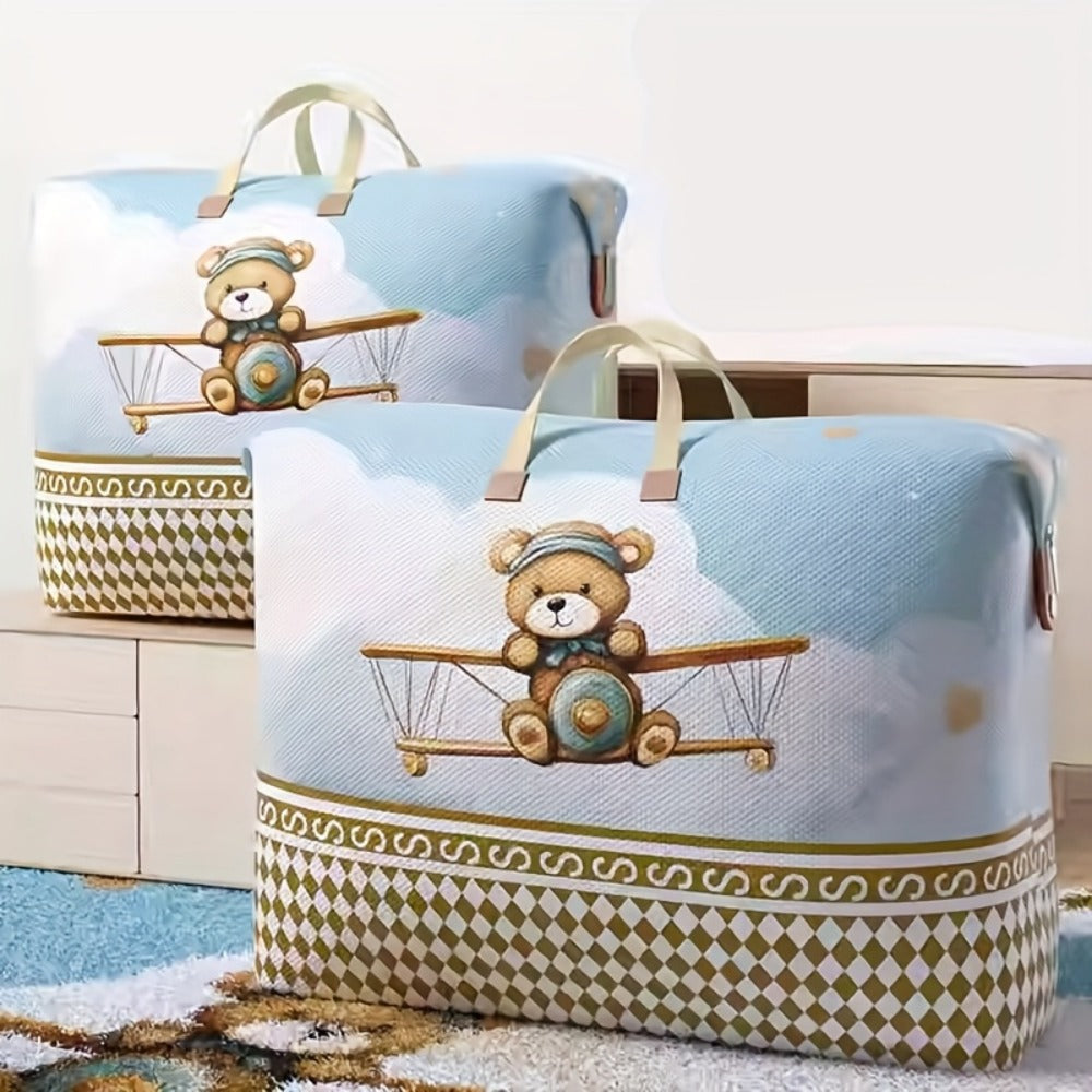 Large Zippered Bedding Storage Bag with Airplane Bear Print, Carry Handles and Exact One-Piece Size Option