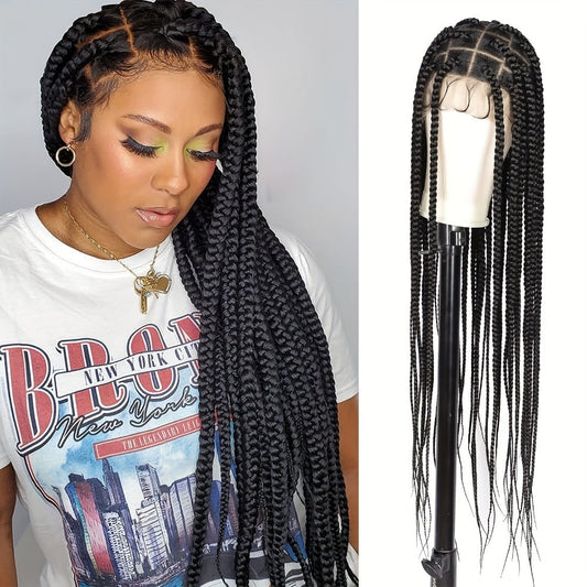Extra-Long Natural Black Braided Wig with Full Lace Cap and 40-Inch Straight Box Braids for Styling