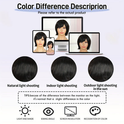 8-Inch Curly Pixie Bob Human Hair Wig in Black with Bangs, 150% Density and Machine-Made Cap