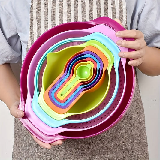Mixing Bowl Set with Measuring Cups and Spoons, 10pcs Colorful Nesting Salad Bowls with Colander & Sifter, Plastic Baking Measurement Utensil Kit, Kitchen Measuring Tools for Baking Cooking & Meal Prep