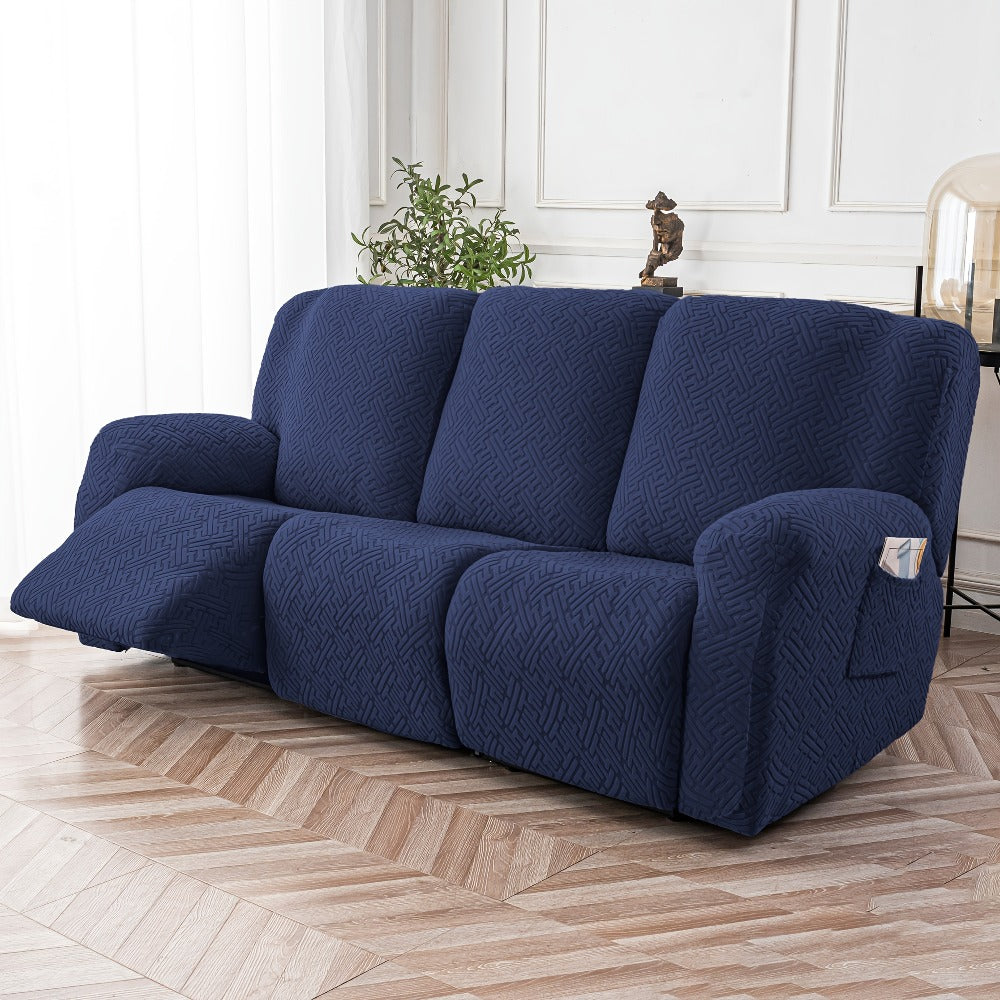Slipcover Set, Eight-Piece Jacquard Stretch Cover for Three-Seat Recliner with Side Pocket in Nine Colors