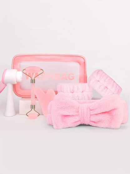7-Piece Facial Cleansing Accessory Set with Wash Bag, Headband, Wristbands, Face Brush and Roller