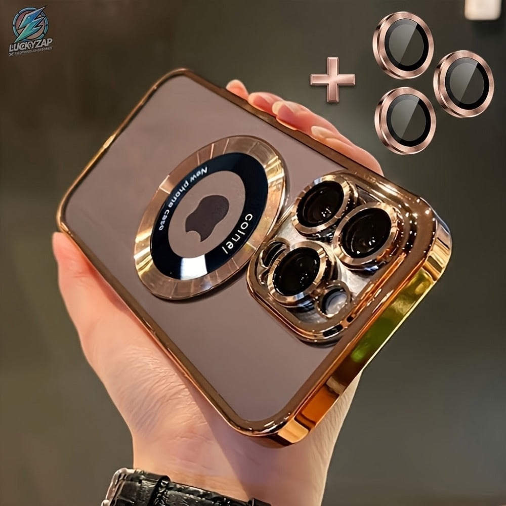 Electroplated Transparent iPhone Case with Hollow Logo Display Built-In Lens Film Magnetic Wireless Charging Shockproof TPU Cover for iPhone 17 16 15 14 13 12 11 Air Pro Max Plus – Luxury Metallic Finish