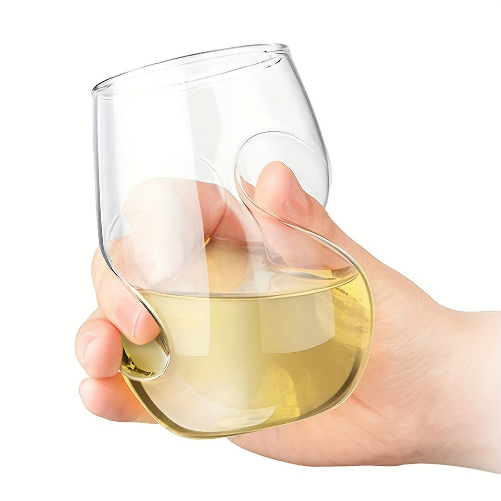 Curved Stemless Drinking Glasses, Two-Piece Clear Set with Sculpted Side Grips and 4.72-Inch Height