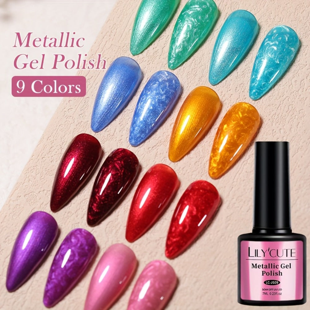 Gel Nail Polish Set with LILYCUTE Label, 9 Metallic Glitter Red and Purple Colors, 0.24oz Each