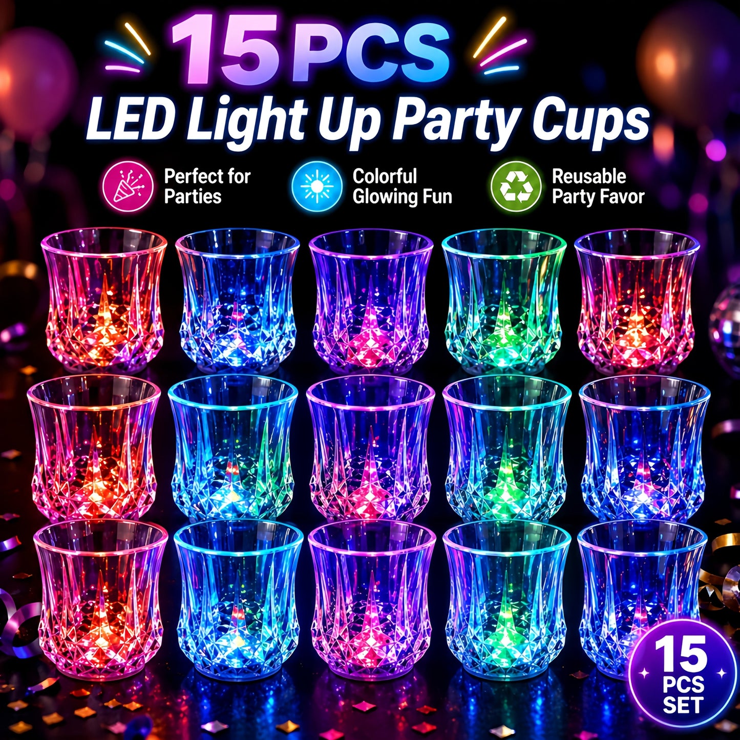 LED Light-Up Party Cup Set with 12 or 15 Short 2 oz Plastic Tumblers in Mixed Color Designs