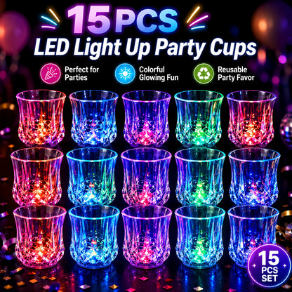 LED Light-Up Party Cup Set with 12 or 15 Short 2 oz Plastic Tumblers in Mixed Color Designs