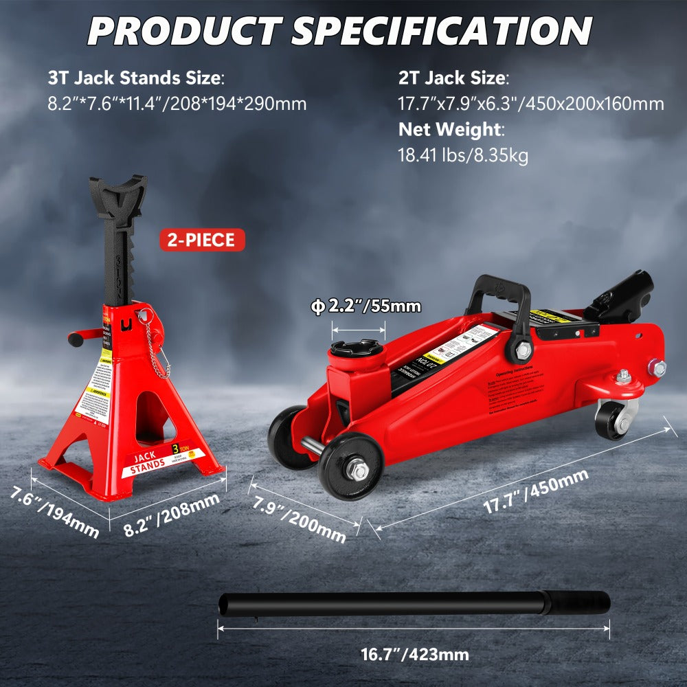 Hydraulic Floor Jack Kit 2/2.5/3 Ton Low Profile Trolley Jack with Jack Stands, Tire Repair Kit, Wheel Wrench & Wheel Chock Combo - Red/Blue