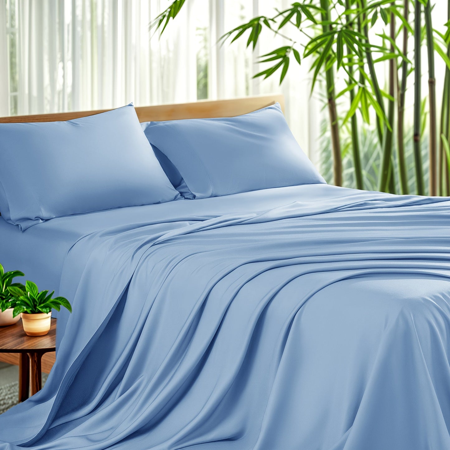 Sheet Set, Four-Piece Bamboo-Blend Plain-Weave Bedding with 16-Inch Fitted Pocket and Thirteen Solid Colors