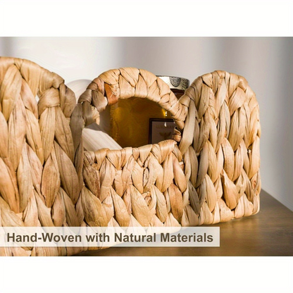 Scalloped Wicker Baskets Set of 2 - Water Hyacinth & Seagrass Woven Rattan Basket with Handles for Shelf, Nursery, Bathroom, Living Room Boho Decor