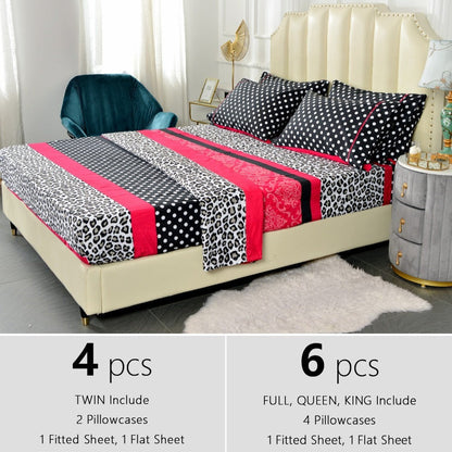 Microfiber Bed Sheet Set 4/6 Pcs – Soft Breathable Patchwork Printed Bedding with Deep Pocket Fitted Sheet, Wrinkle-Resistant Easy Care – Twin, Full, Queen, King Sizes Available