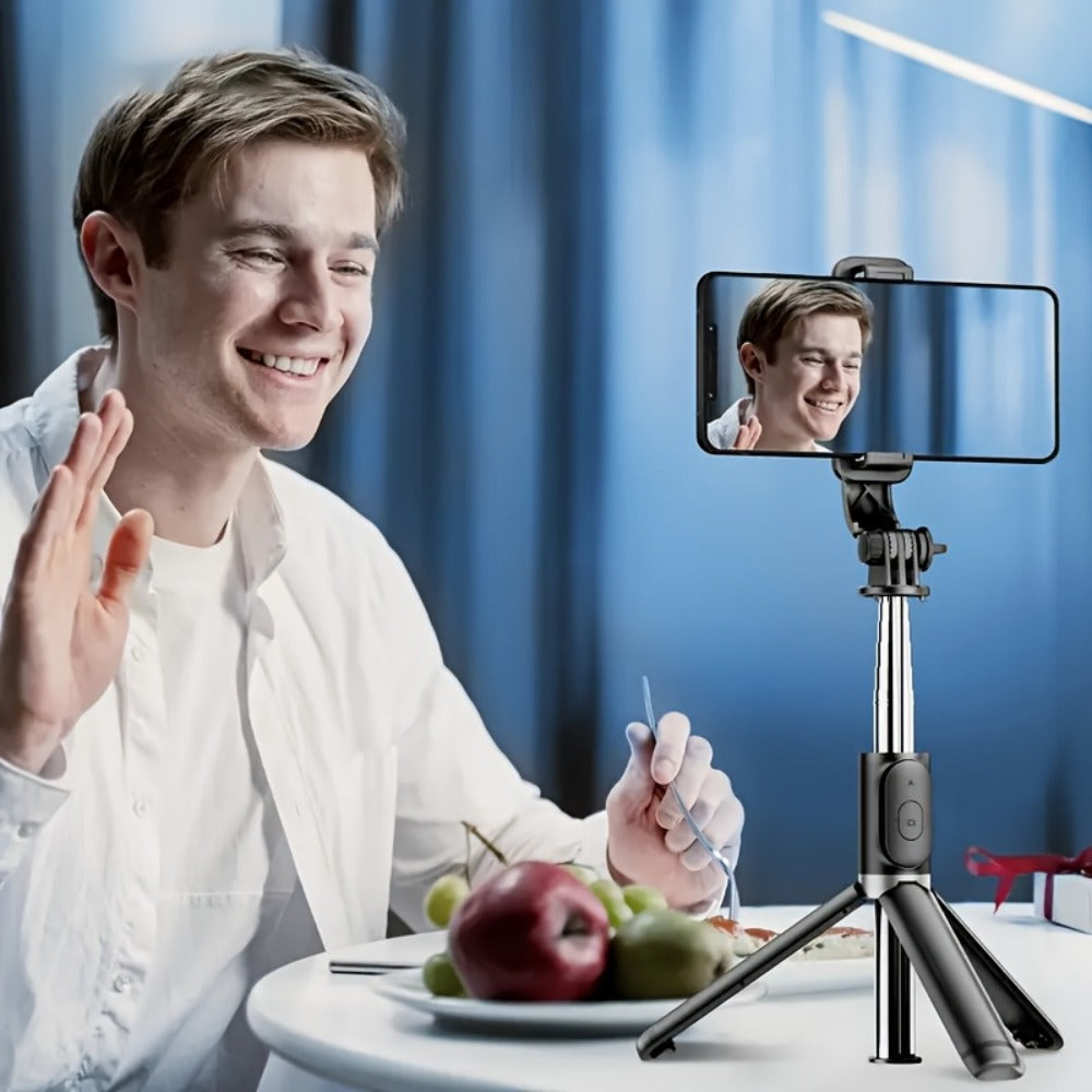 40.6-Inch Black Selfie Stick Tripod with Rotating Phone Head, Fold-Out Floor Base and Remote