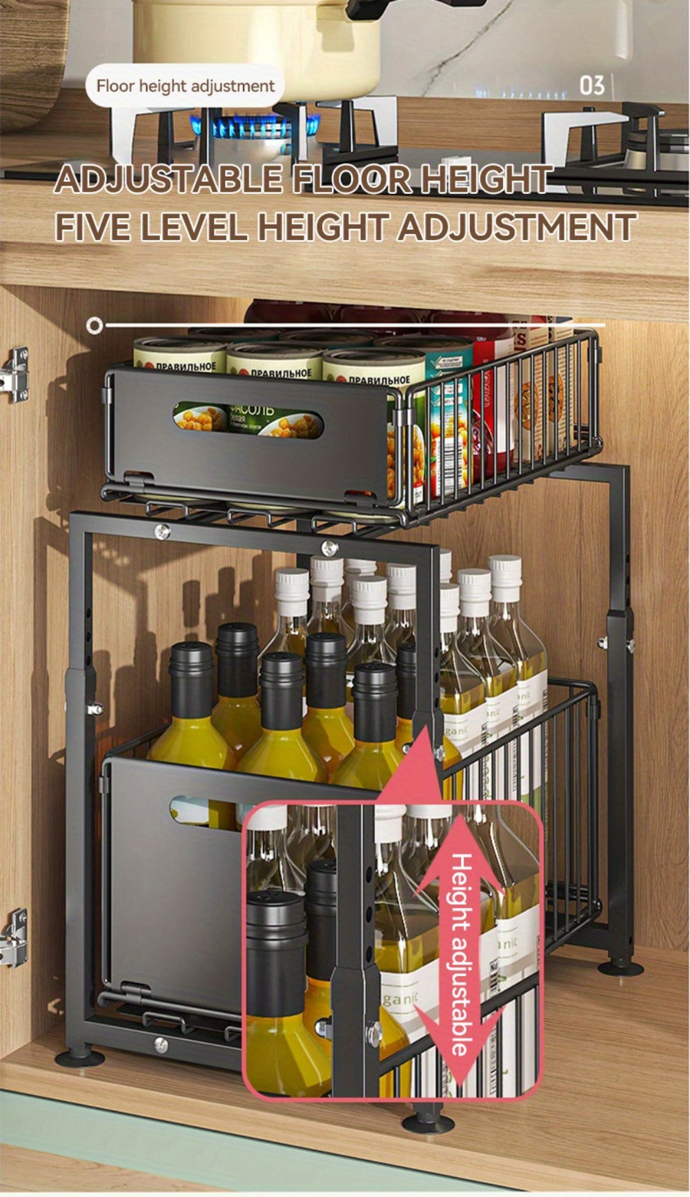 Under Sink Organizer 2-Tier Slide Out – Heavy Duty Metal Cabinet Shelf, Adjustable Space-Saving Storage Rack for Kitchen & Bathroom Cabinets, Pull Out Drawer Organizer