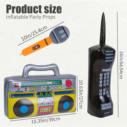 Inflatable Retro Party Props, 3-Piece Boombox, Microphone and Phone Set for 1980s Photo Booth Decor