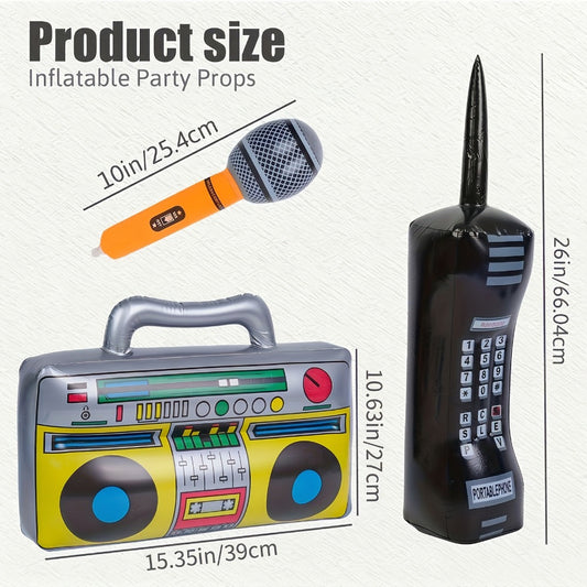 Inflatable Party Props 3 Pcs Blow Up Boombox Microphone & Retro Phone – 80s Hip Hop Theme Birthday Decorations for Graduation, Back to School, School Dance, DJ & Music Themed Party Supplies